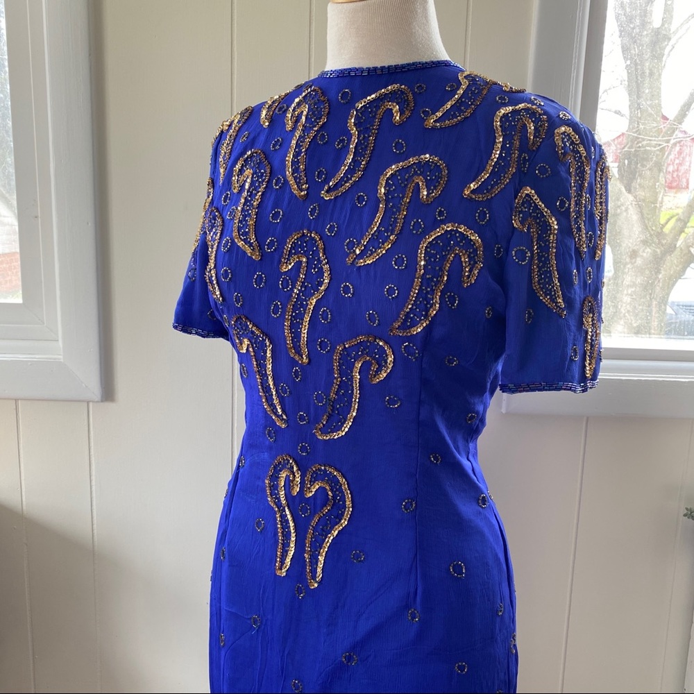 100% Silk Sequined Cobalt Silk Dress S Vintage